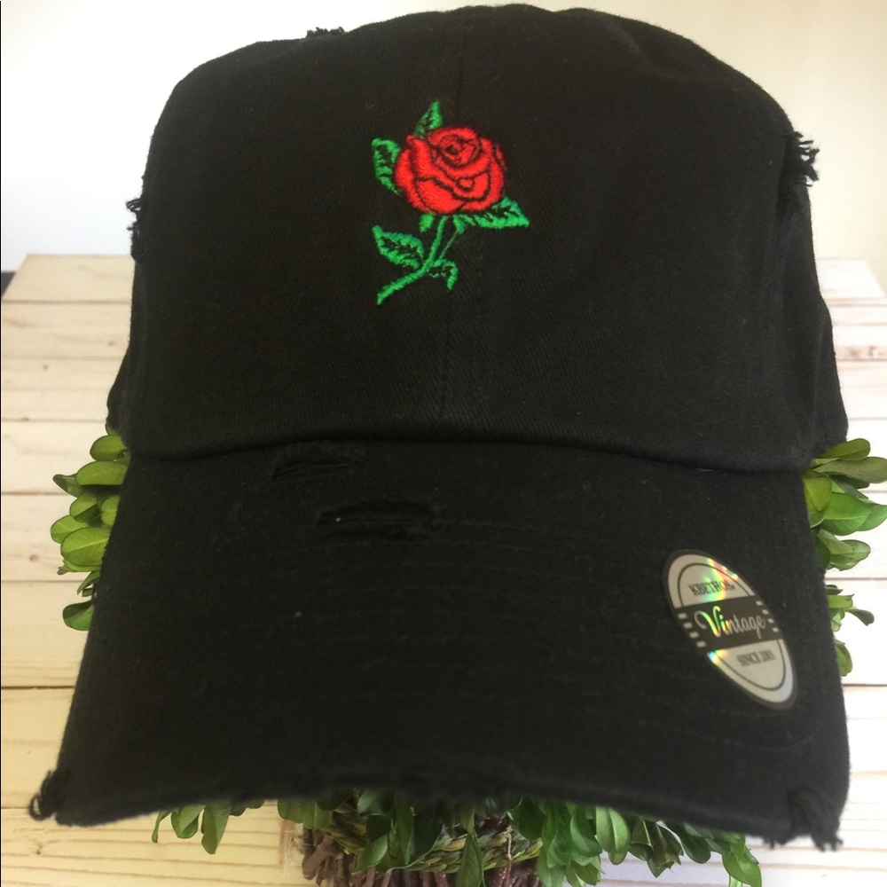 Black frayed ball cap with embroidered rose NEW